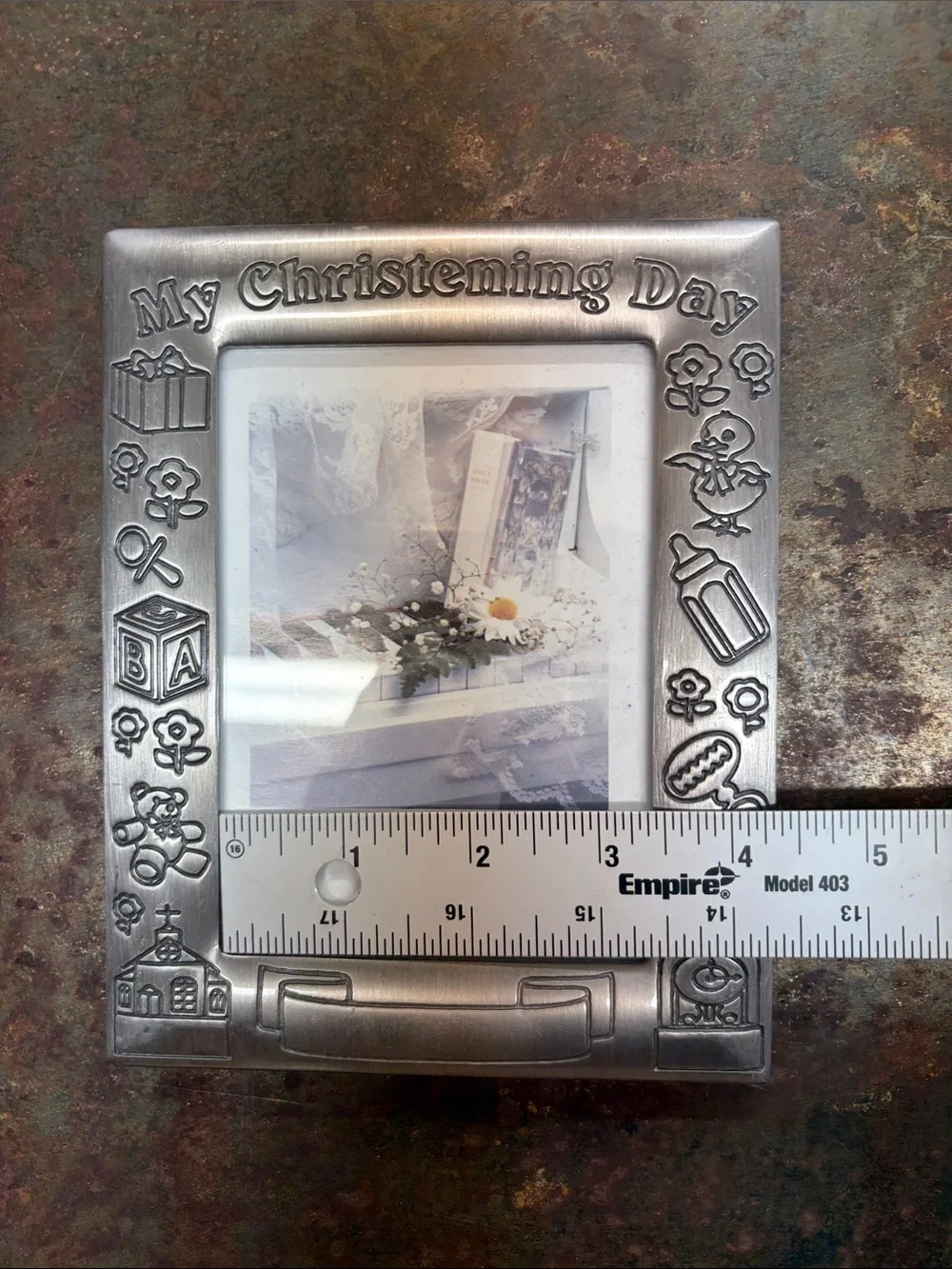 My Christening Day Silver Plate Photo Frame. Embossed Details & Customizable 4x6